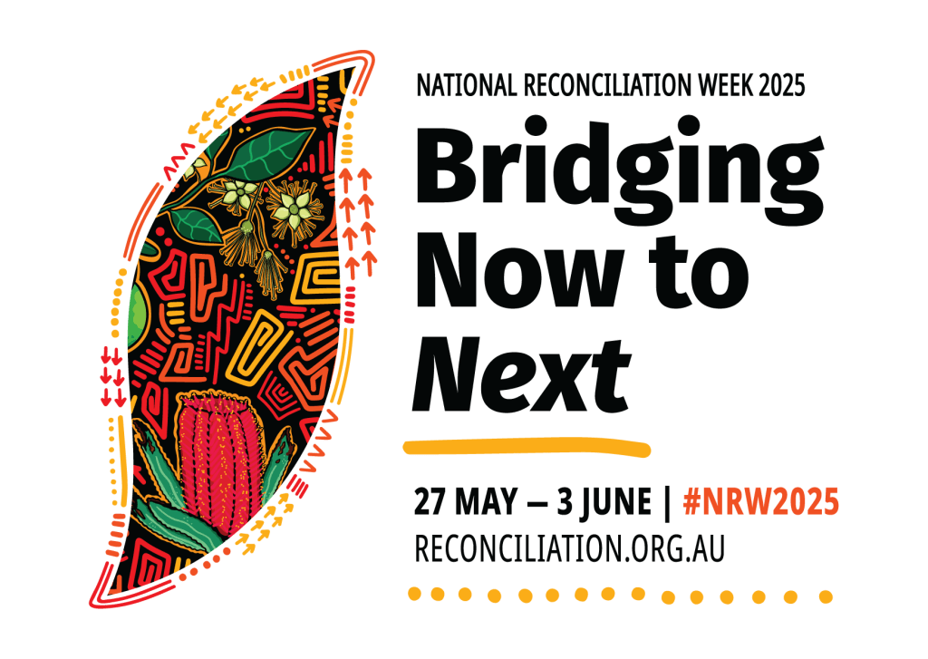 The official logo for Reconciliation Week 2025, featuring the theme words "Bridging now to next' next to an Indigenous pattern using green, red and black colours.
