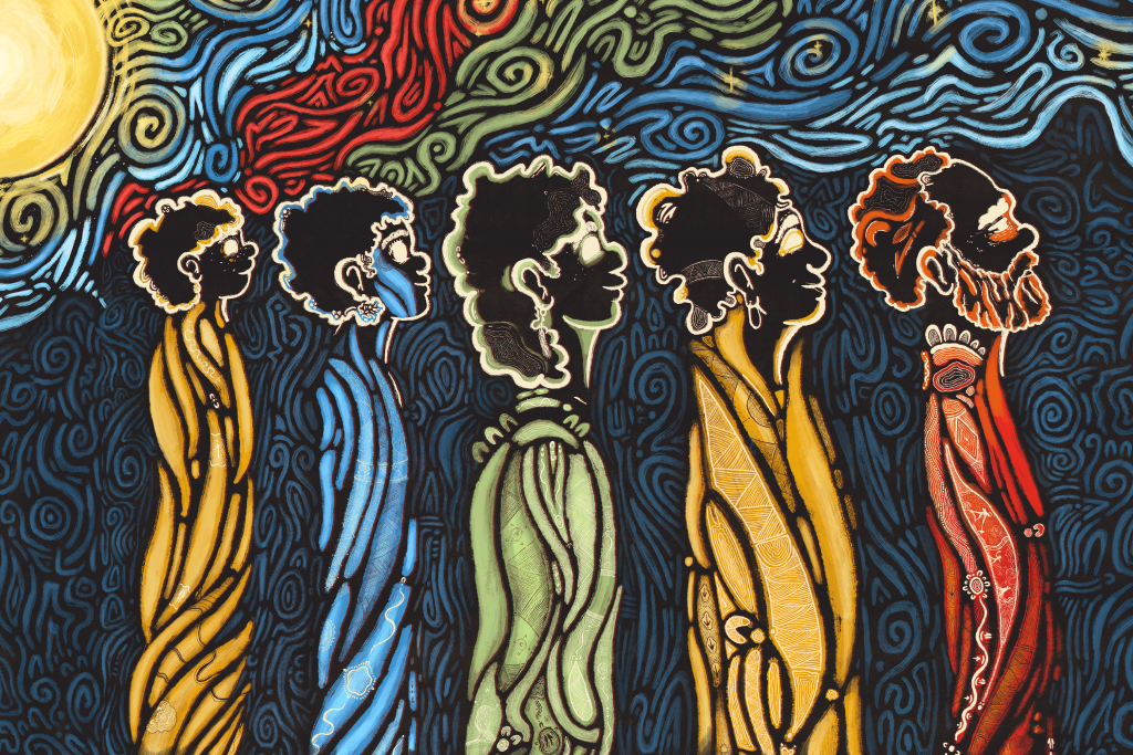 A dark image with colourful outlines of 5 people ranging from child to Elder sizes, detailed by songlines.