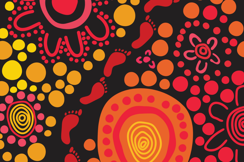 An Aboriginal artwork digital version using patterns in red, orange, yellow and black.