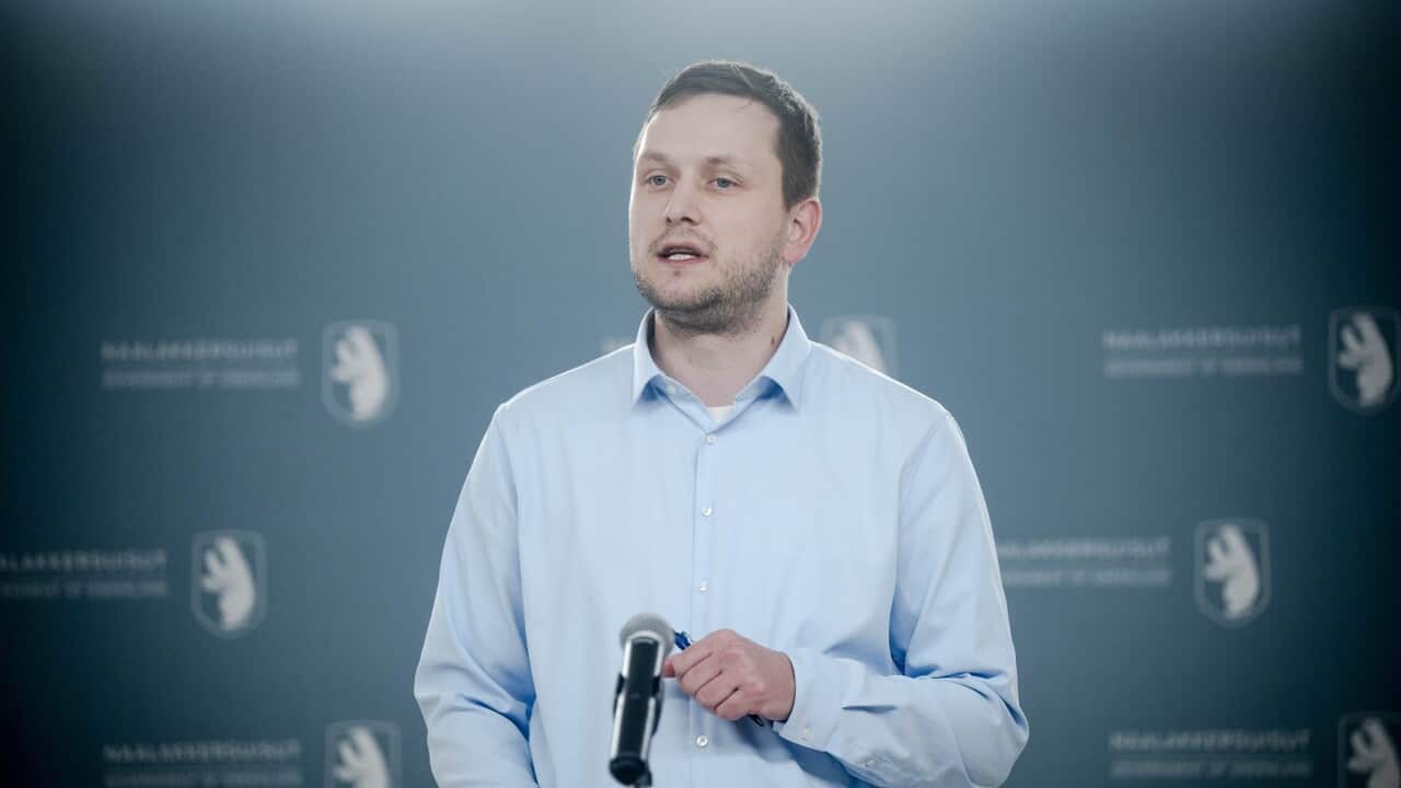 Greenland's Prime Minister Jens-Frederik Nielsen holds a press conference in Nuuk