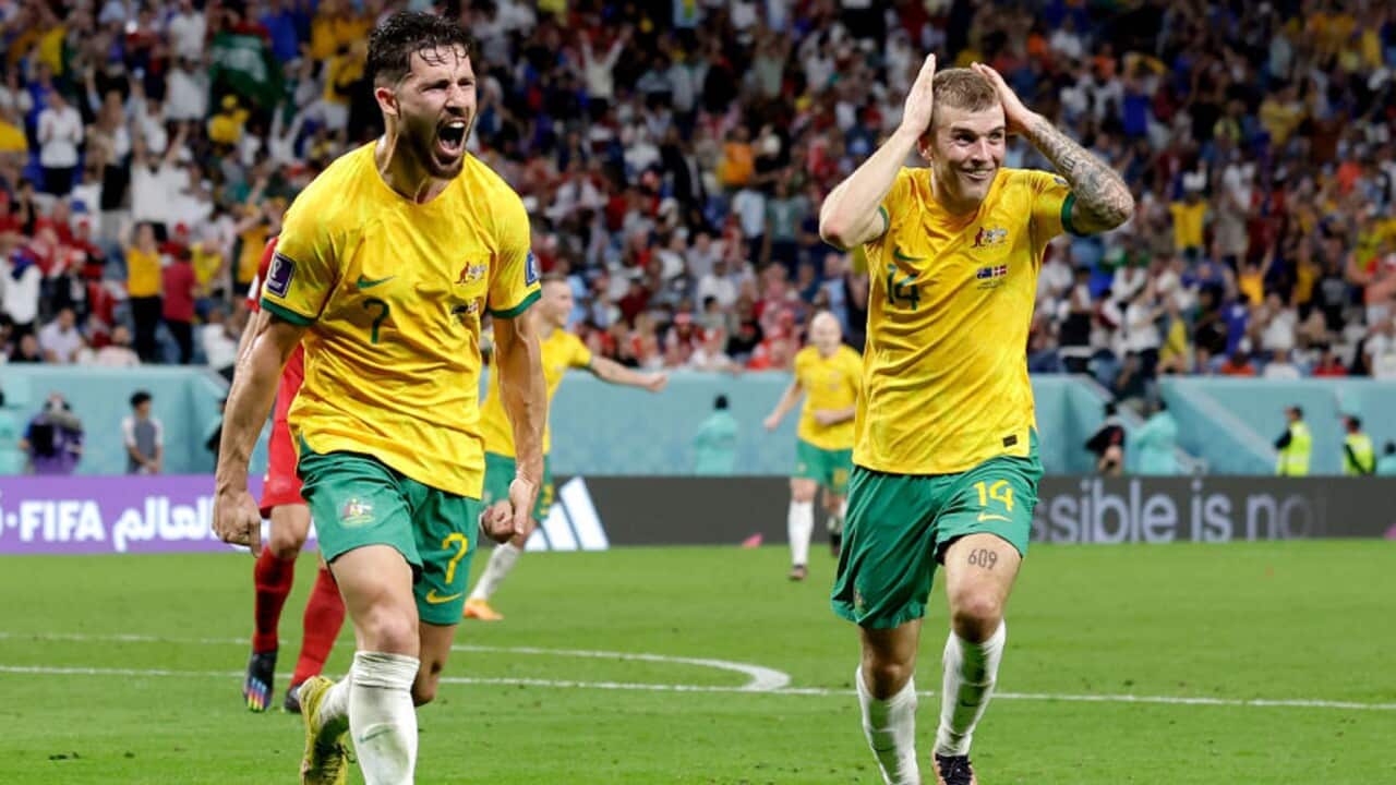Mathew Leckie (L) celebrates a goal for the Socceroos