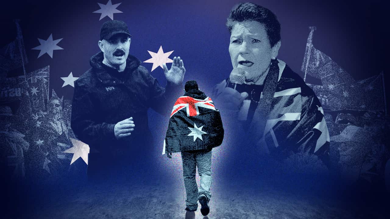 A composite image of Thomas Sewell, Pauline Hanson, and a person walking with an Australian flag draped around their shoulders.