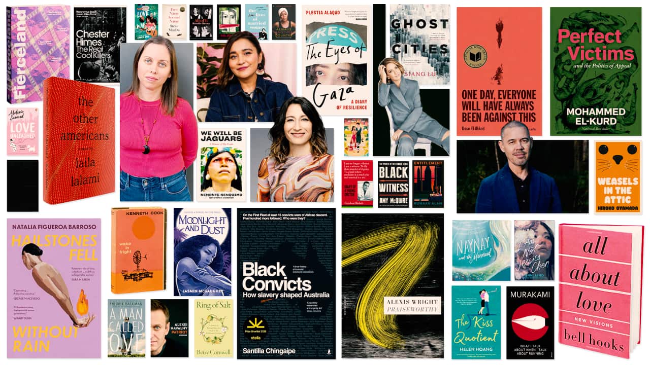 A composite image of book covers and author profile photos. 