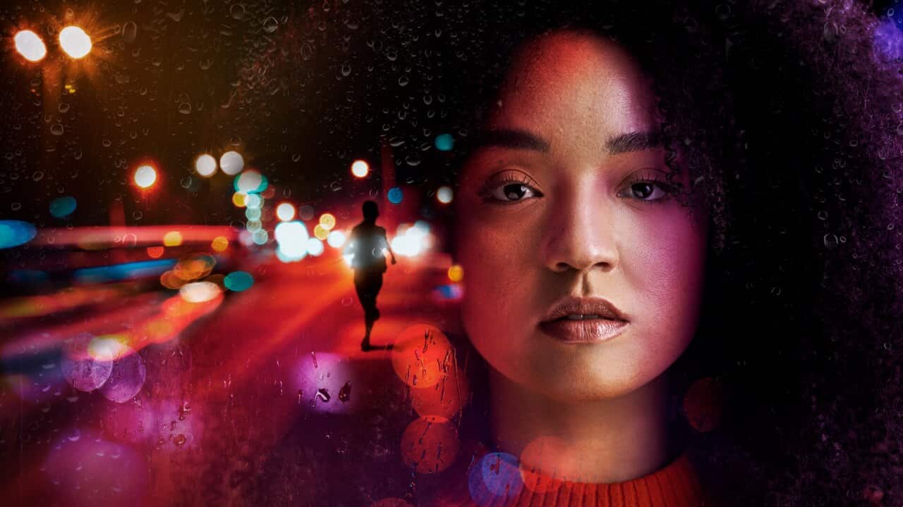 Person running down the street, young woman's face superimposed on top